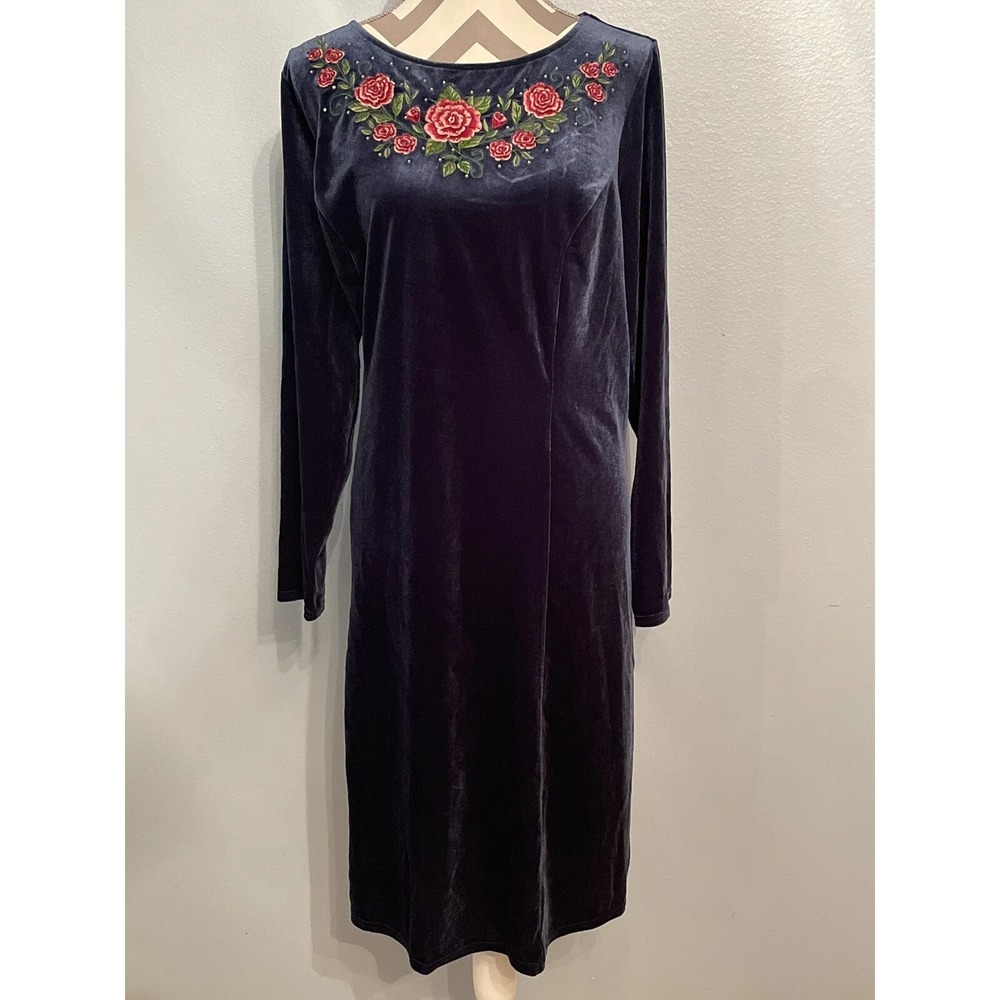 Quacker Factory Dress XL Rose Embroidery  Jeanne Bice velour black/grey velvet